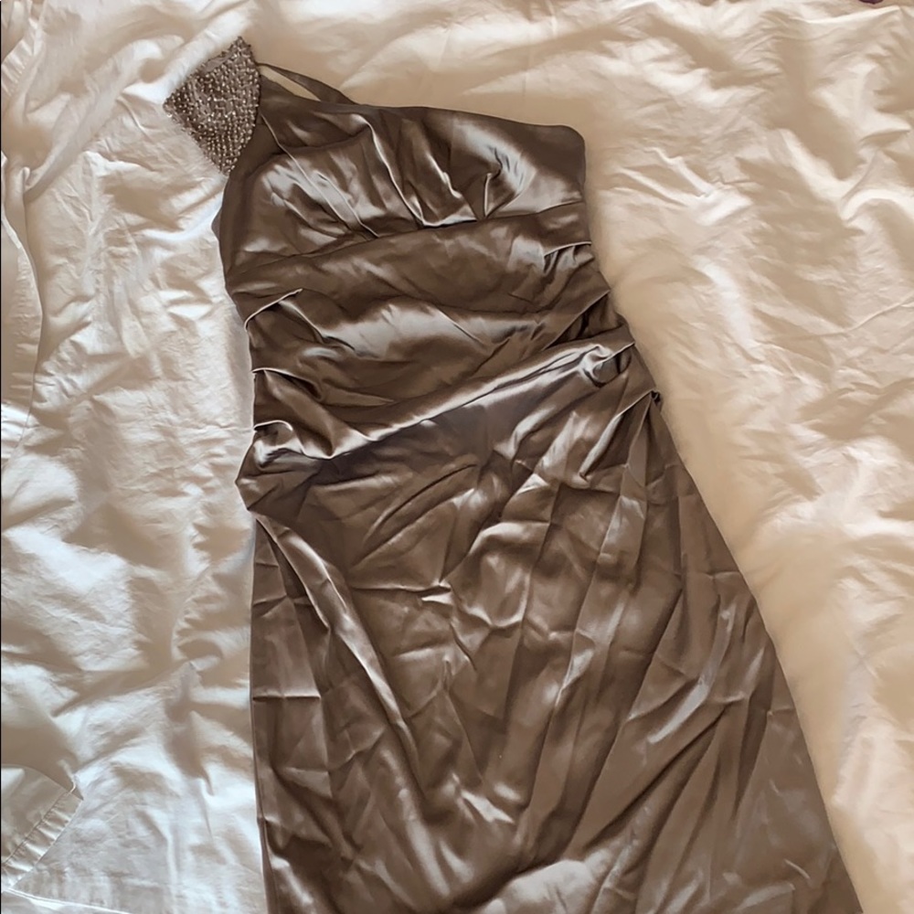 Silver satin one shoulder ruched cocktail dress
